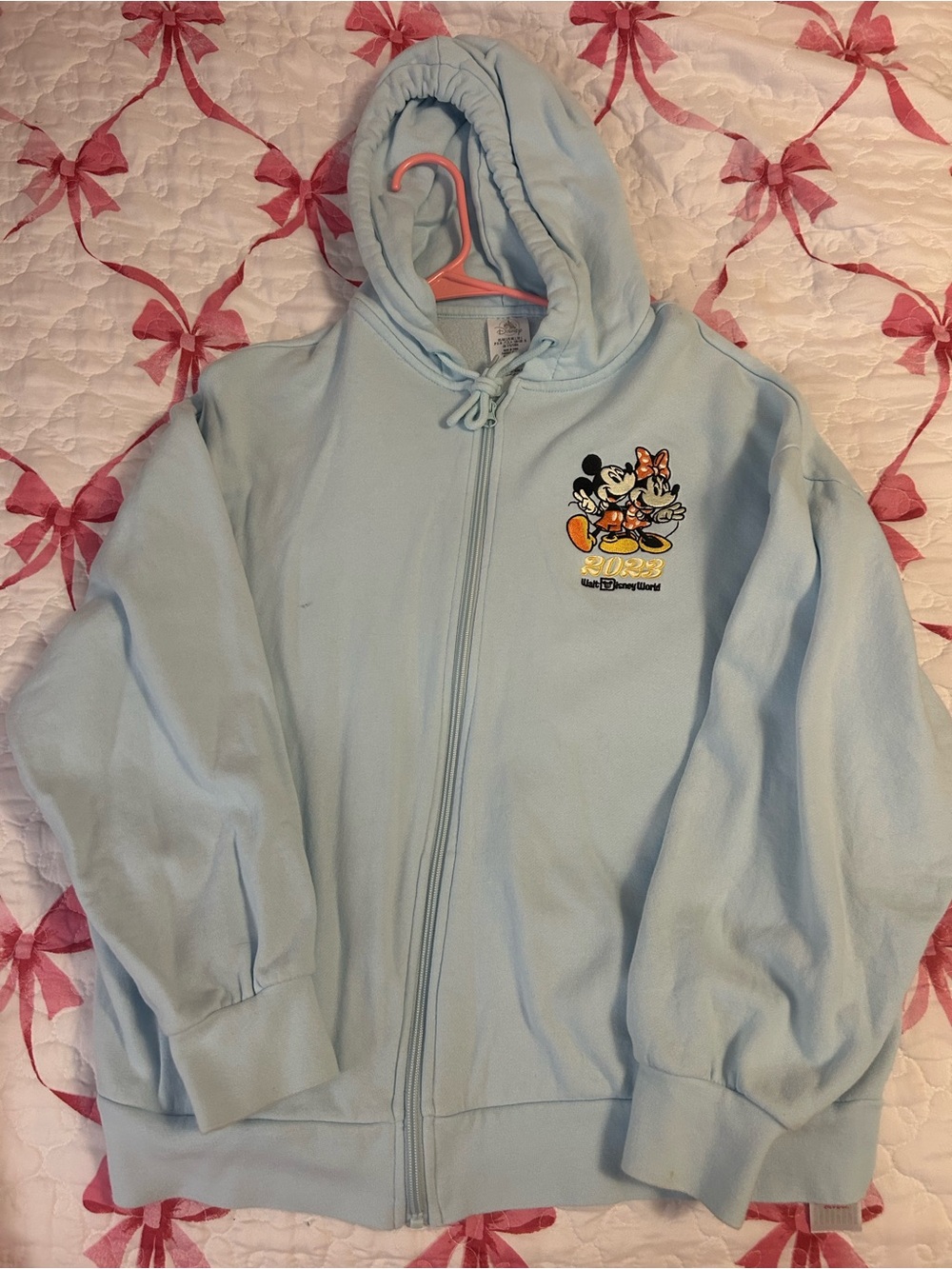 Disney 2023 Light Blue Zip Hoodie with Minnie & Mickey Graphic